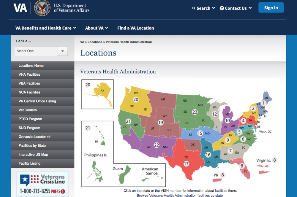 Veterans Affairs website screenshot featuring a brightly colored map
